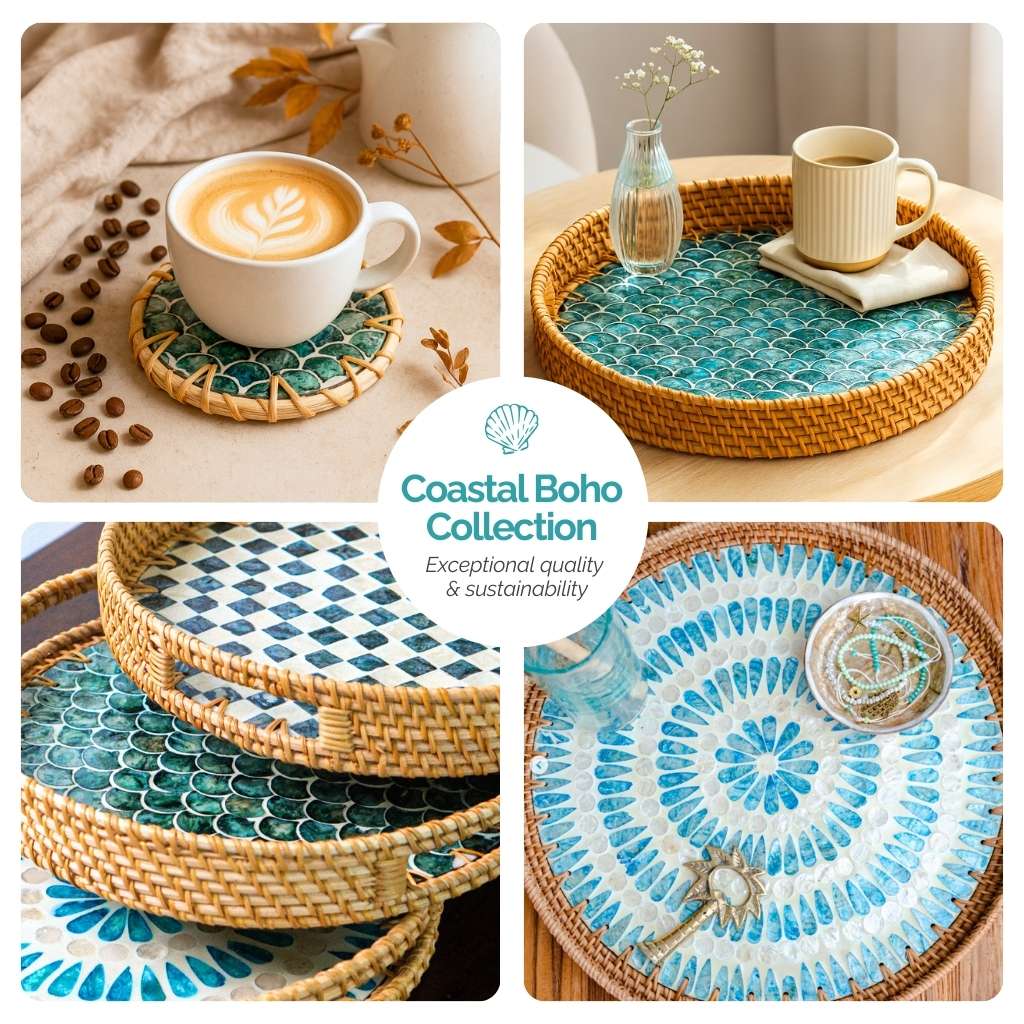 Handmade Natural Rattan & Mother of Pearl Coaster Set (6 Piece + Holder) • Drift-3
