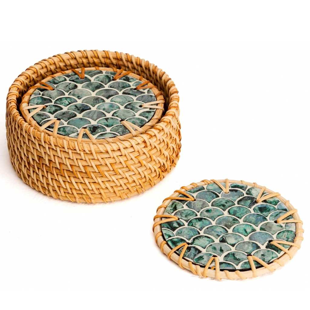 Handmade Natural Rattan & Mother of Pearl Coaster Set (6 Piece + Holder) • Cascade-0