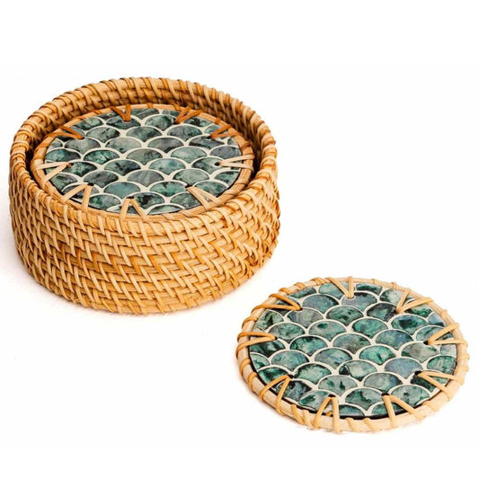 Handmade Natural Rattan & Mother of Pearl Coaster Set (6 Piece + Holder) • Cascade-0