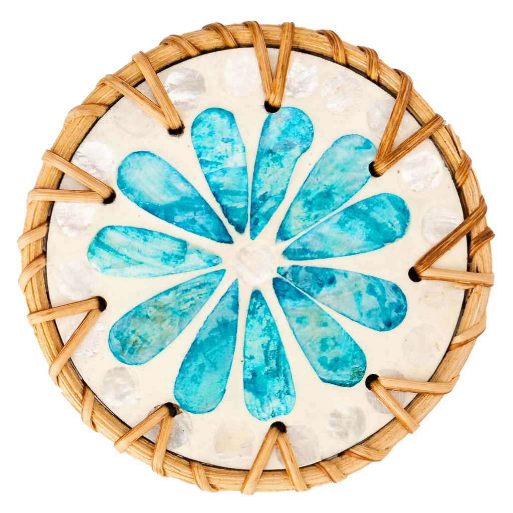 Handmade Natural Rattan & Mother of Pearl Coaster Set (6 Piece + Holder) • Ripple-2