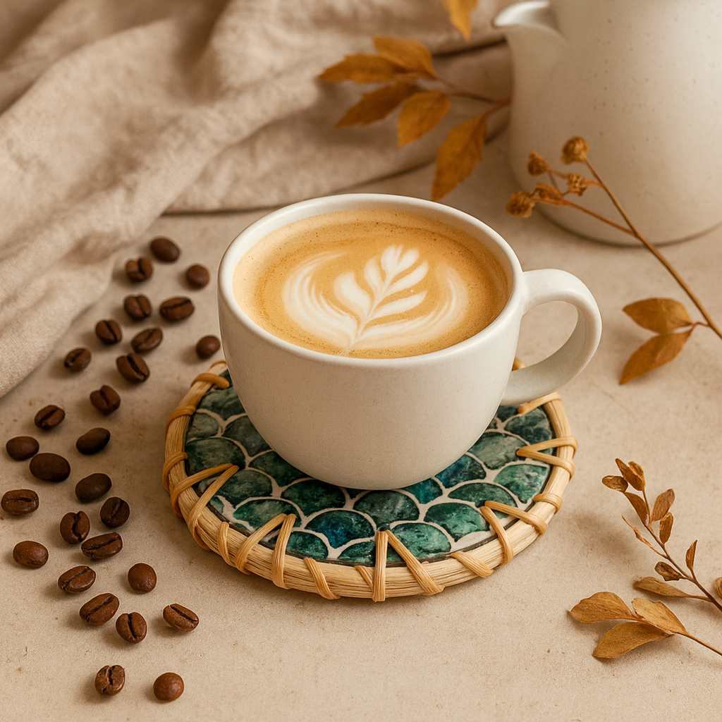 Handmade Natural Rattan & Mother of Pearl Coaster Set (6 Piece + Holder) • Cascade-1