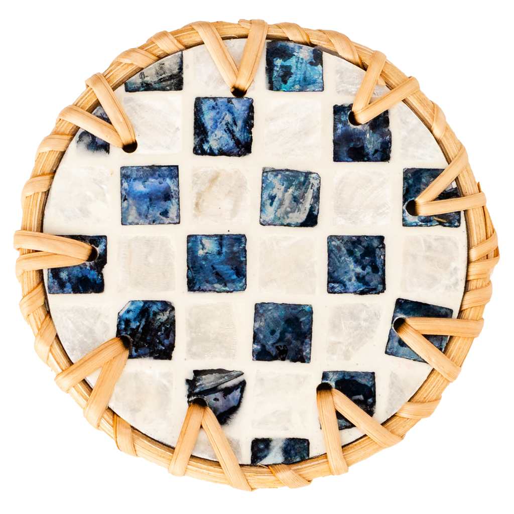 Handmade Natural Rattan & Mother of Pearl Coaster Set (6 Piece + Holder) • Drift-2