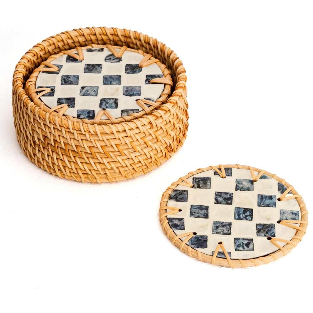 Handmade Natural Rattan & Mother of Pearl Coaster Set (6 Piece + Holder) • Drift-0